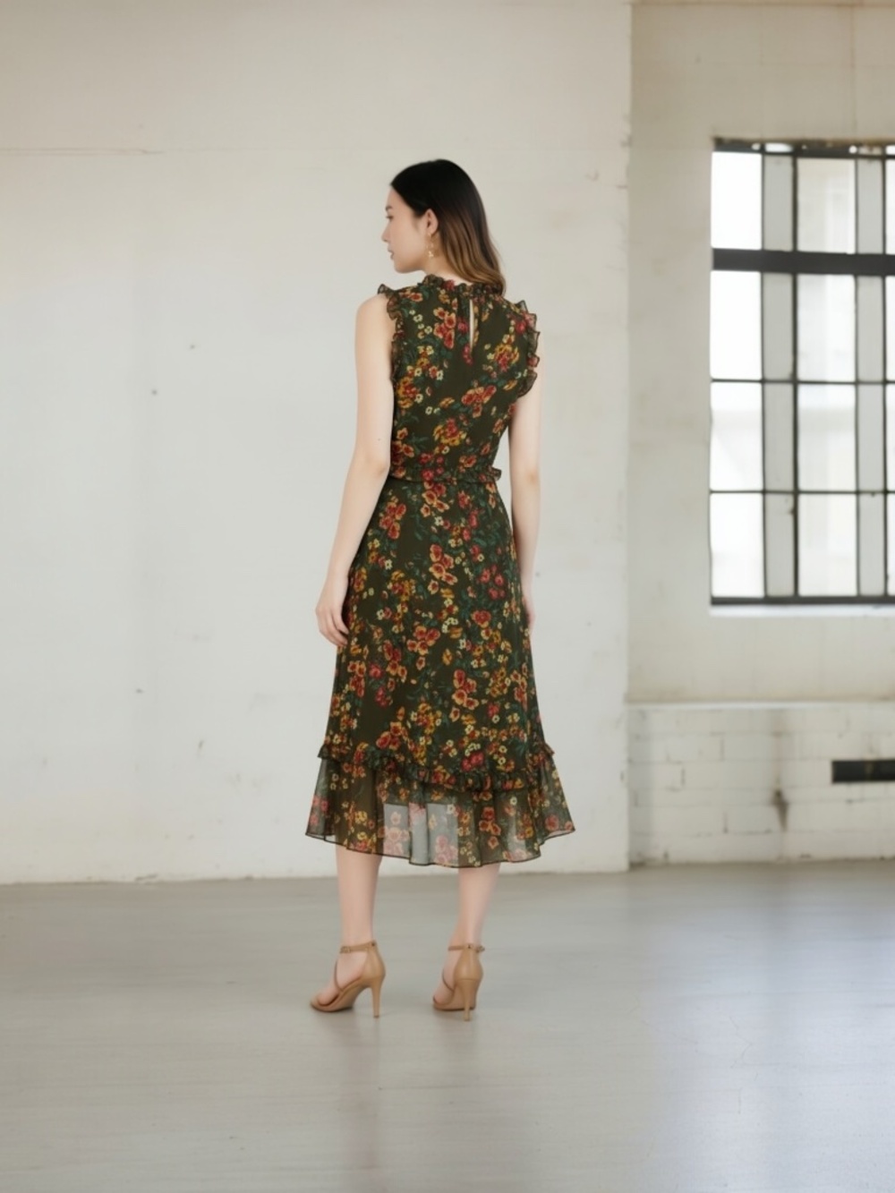 Julia Jordan Midi Dress Olive Multi Floral Size 2 (Video) - Picture 3 of 10
